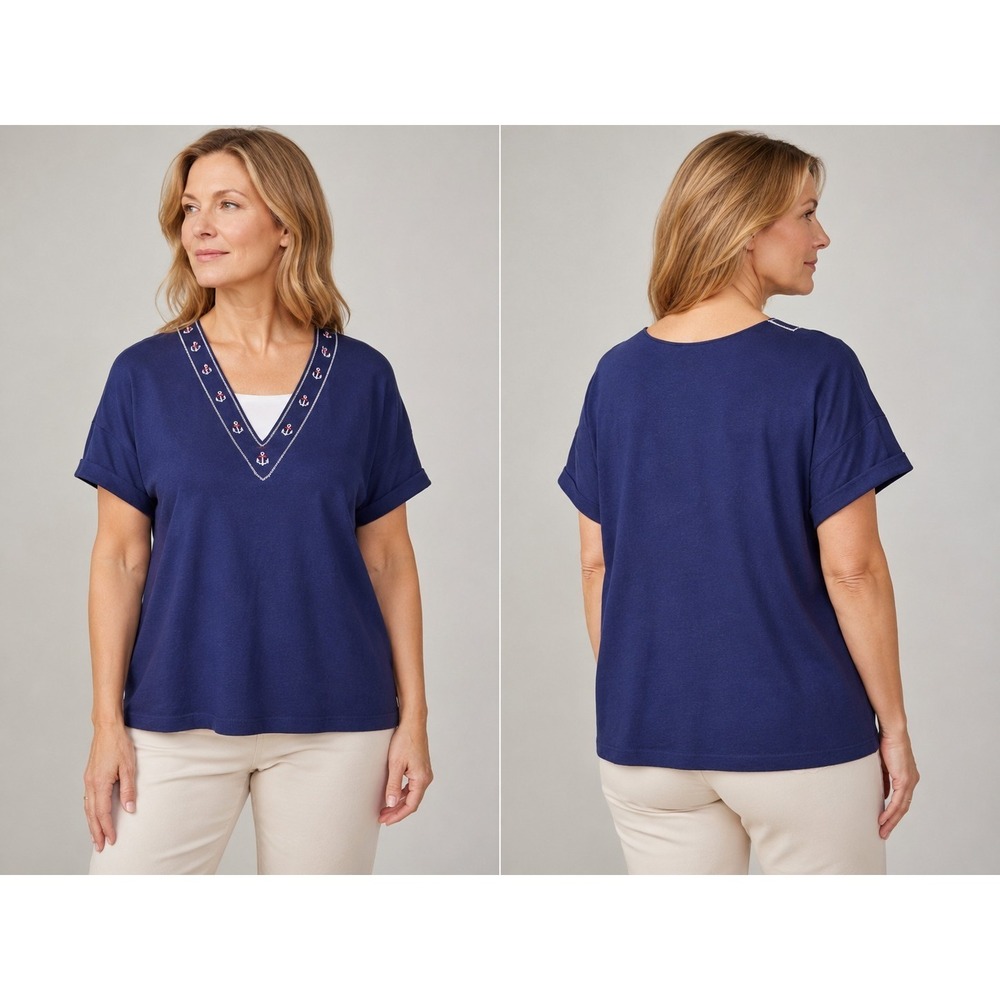 C.D. Daniels Women's 2X Navy Nautical Anchor Embroidered V-Neck Short Sleeve Top